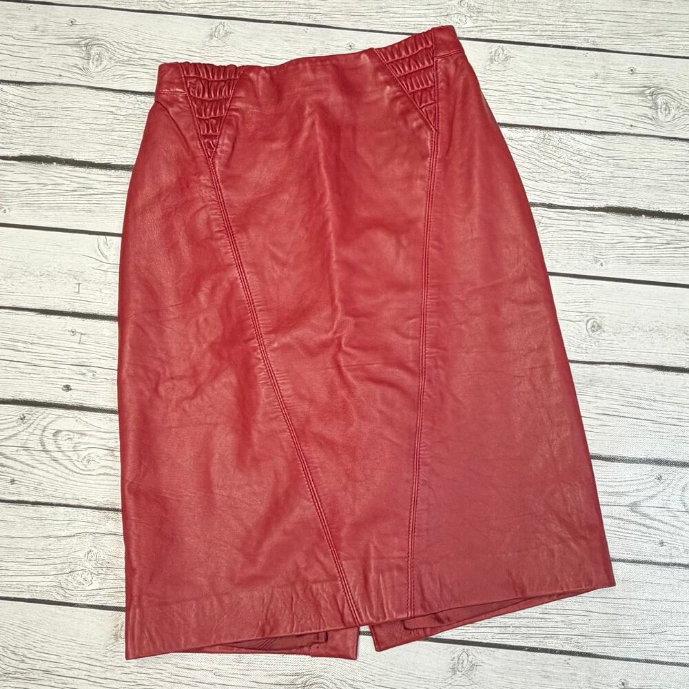 Vintage Saks Fifth Avenue Red Leather Pencil Skirt Size 8